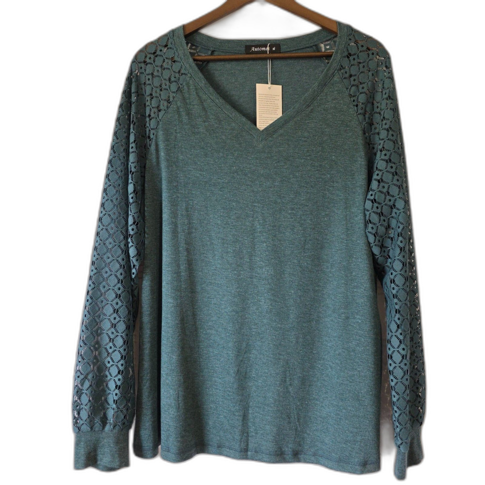 Automet Heathered Teal V-Neck Pullover with Lace/Crochet Sleeves - Size XL